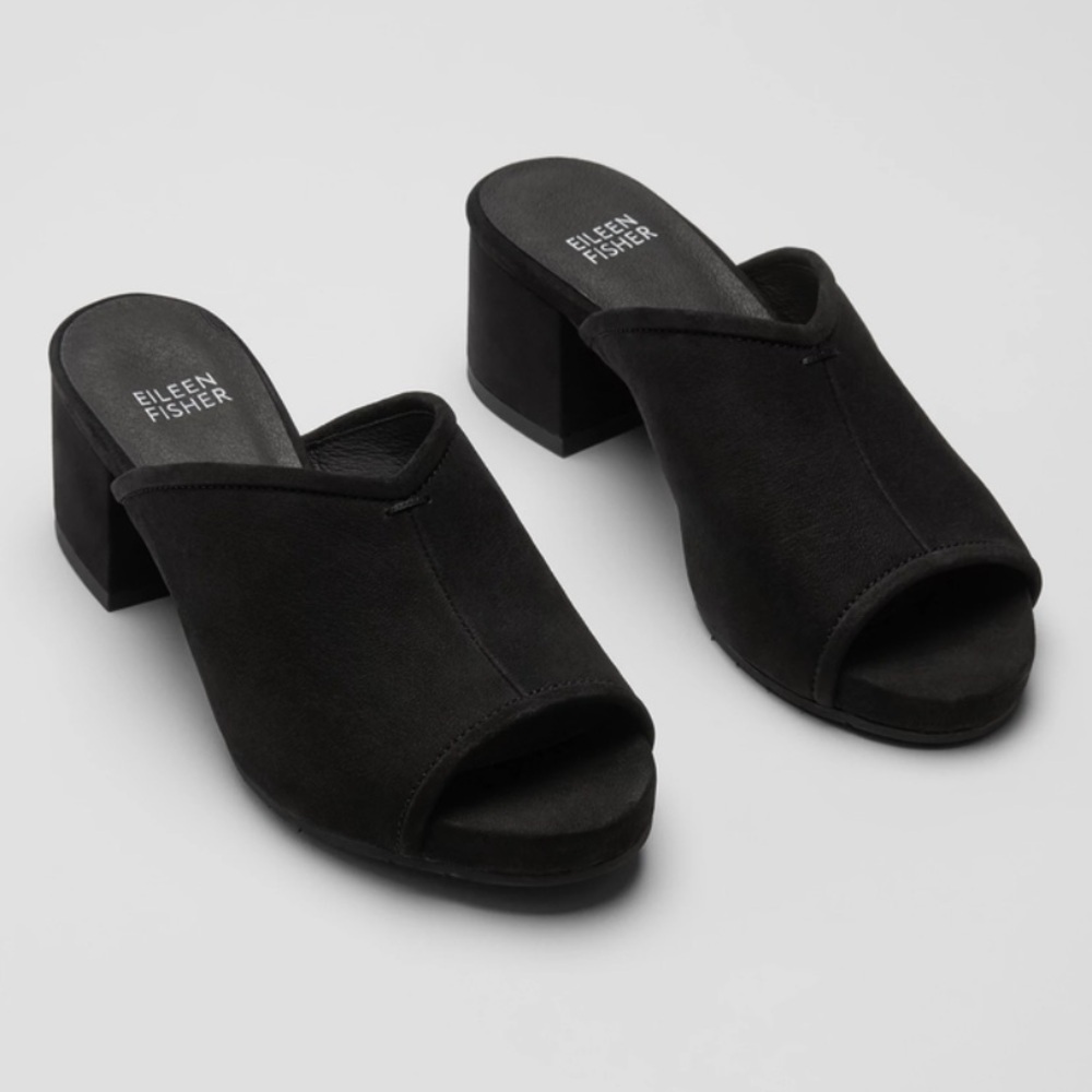 Eileen Fisher Fala Tumbled Leather Block Heel Mule Size 7.5